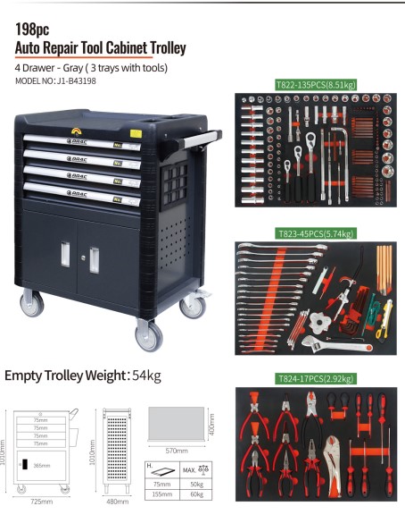 54kg Mechanics Rolling Tool Chest 4 Drawers Auto Repair Cabinet Trolley