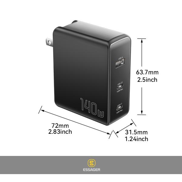Essager Mobile Phone GaN Chargers 140W With 3 Ports In 1 USB A 2 Type C