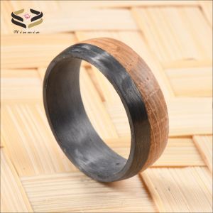 Wedding Dome Black Carbon Fiber Ring Natural Charred Whiskey Barrel Wood Inlayed