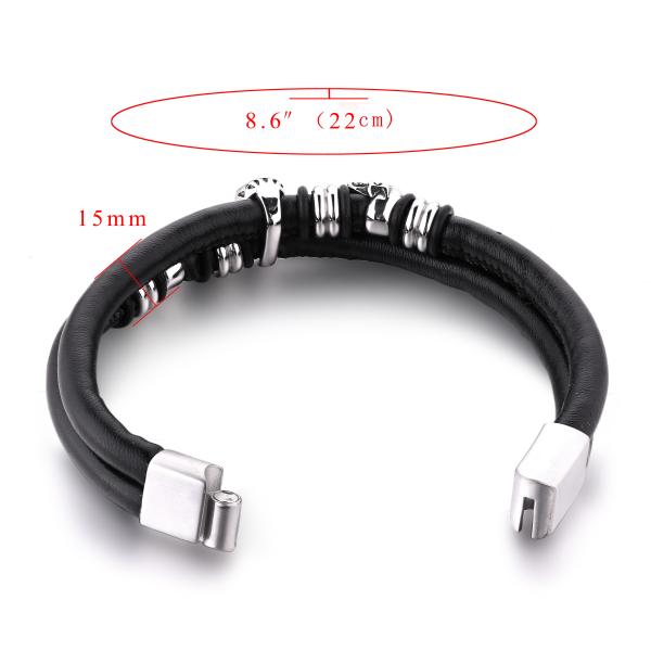 High Quality Stainless Steel Skeleton Skull Bracelet Men Vintage Jewelry Wholesale Black Leather Bracelets