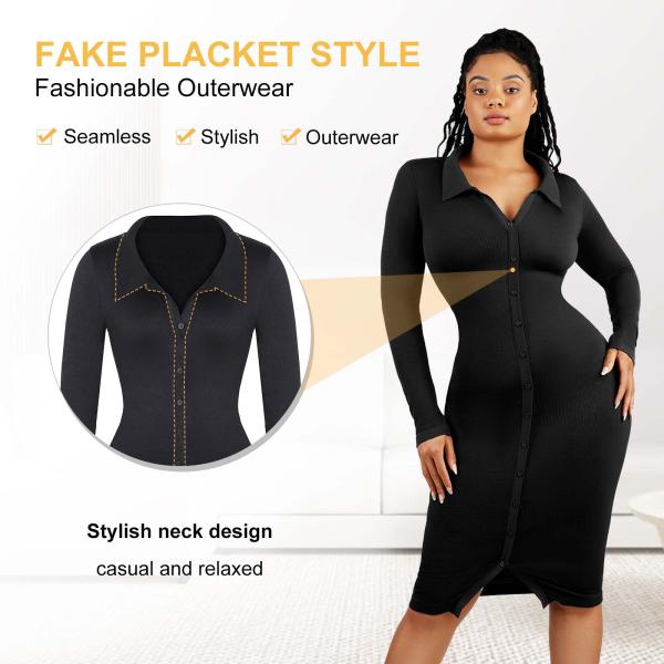 Seamless Waist Trimming Retro Long Sleeve Shirt Dress With Built In Shapewear Body Shaper For Women