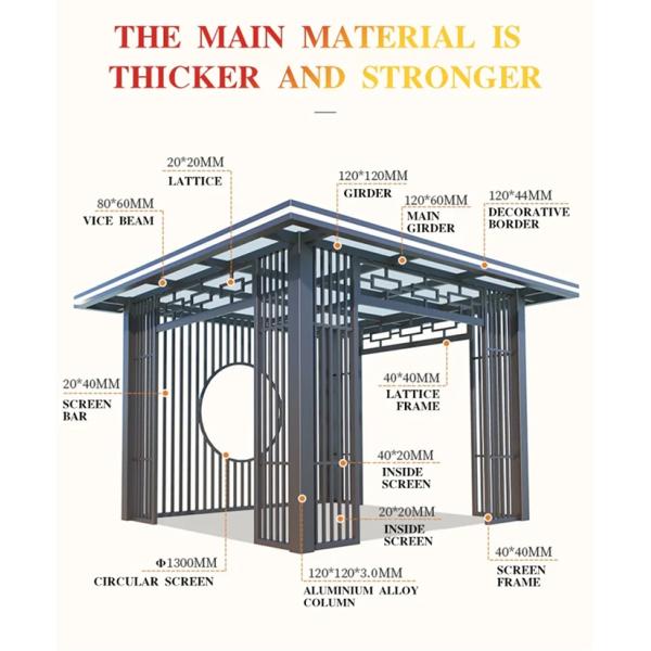 4x4m Chinese Style Gazebo Outdoor Courtyard Flat Roof Aluminum Pavilion