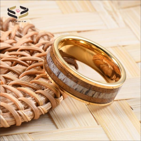 Wedding Whiskey Barrel Wood Antler Ring Inlay Gold Custom Tungsten Carbide Rings Men