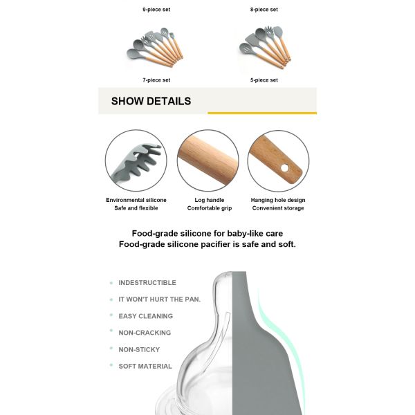 Non Toxic 12 Piece Silicone Cooking Utensil Set With Wood Handle