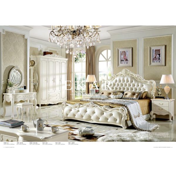 Bedroom Furniture Antique French Style King Size White Leather Wooden Bed
