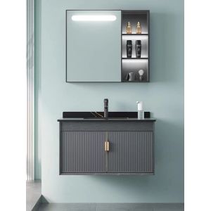 Grey Black Ceramic Wash Basin Cabinet Set Aluminium Mirrored Bathroom Cabinet