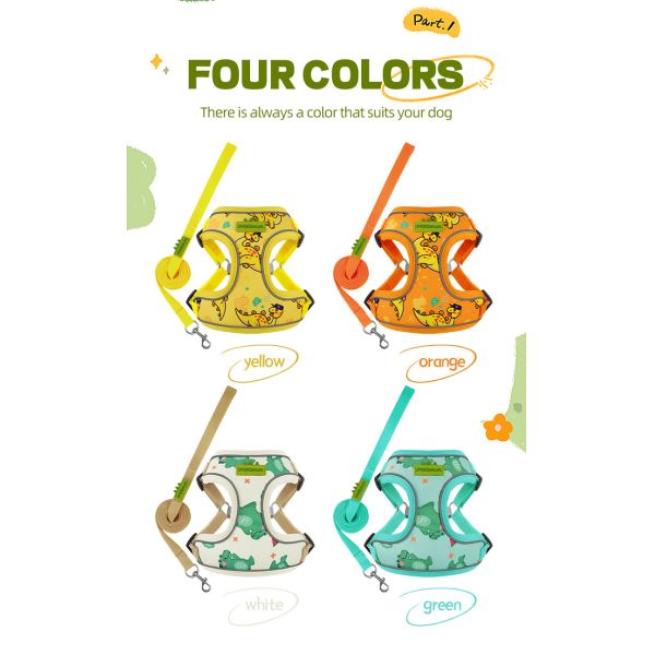New dog leash small and medium-sized dog chest harness cartoon dinosaur dog walking rope reflective pet chest harness