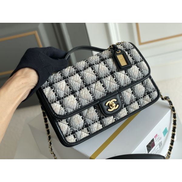 Classic 2WAY Chanel Medium Flap Bag Messenger Black White Plaid Wool