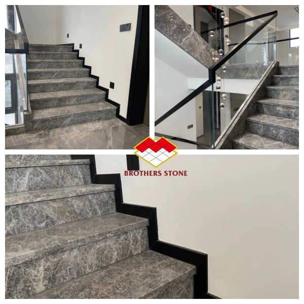 Grey Marble Stair Treads And Risers With Polished Finish For Interior Straight Stairs