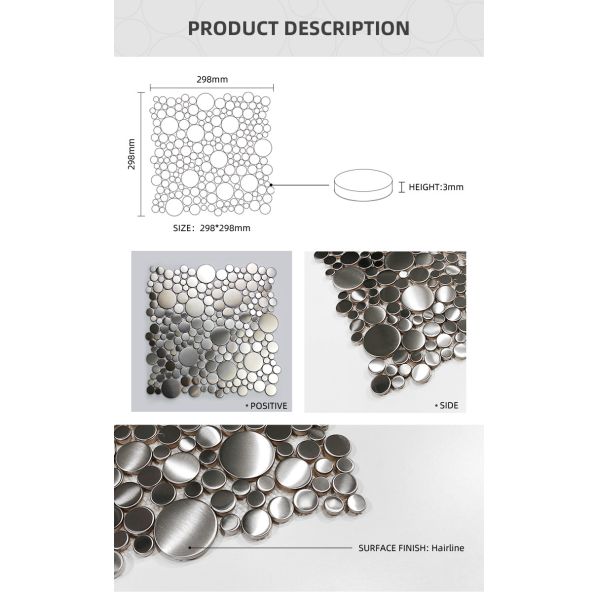 PVD Sliver Color Hairline Finish Big Small Round Splicing Decorative Stainelss Steel Trim Metal Mosaic Tile