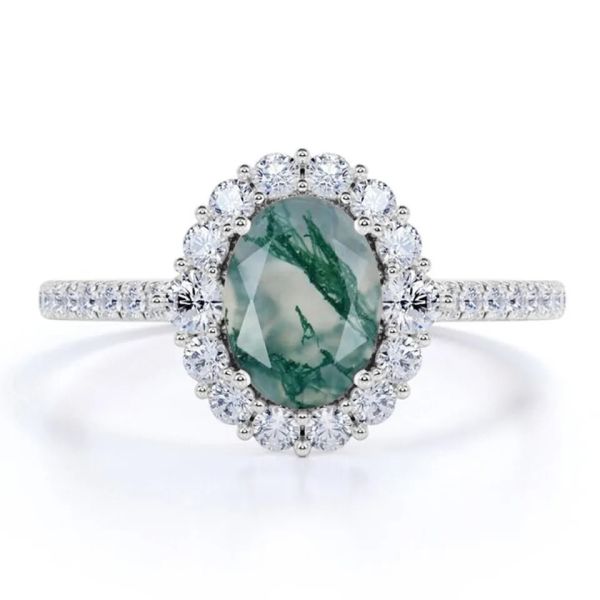 Unique S925 Rose Gold Plated Round Cut White CZ Jewelry Natural Moss Agate Rings Top Quality Design Factory Ring