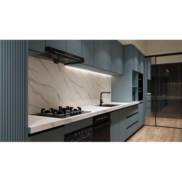 Sleek Cohesive Modern Kitchen Cabinet With Blue Grey Grill Panel Design