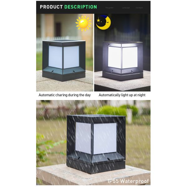 Aluminum Gate Fence Solar Pillar Light 2W Square IP55 Waterproof