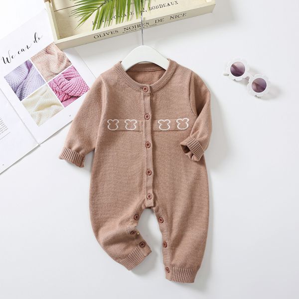 Autumn winter print long-sleeved button baby bodysuit cute bear warm knitted sweater baby bodysuit romper