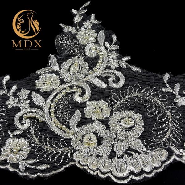 Embroided Beaded Lace Trim Polyester 140cm Width With Metal Thread