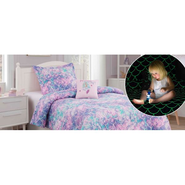 Comfortable Fluorescence Childrens Quilt Set 3 Piece Mermaid Double Bedding Set