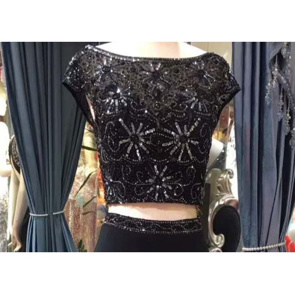 Black 2 Piece Mermaid Style Prom Dress Short Sleeve Invisible Zipper Fishtail