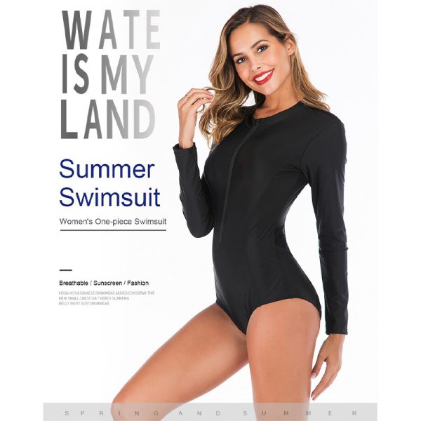 Neoprene Womens Long Sleeve One Piece Swimsuit Nylon Black Zipper Bathing Suit