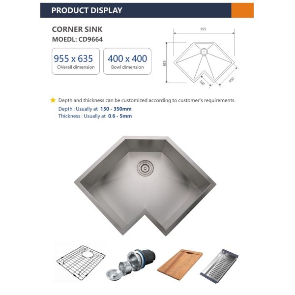 Stainless Steel Double Bowl Corner Kitchen Sink Undermount 96x46