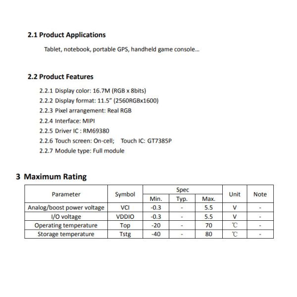 11.5" 2K AMOLED Display, 2560×1600, MIPI Interface, Ultra-Thin & HD