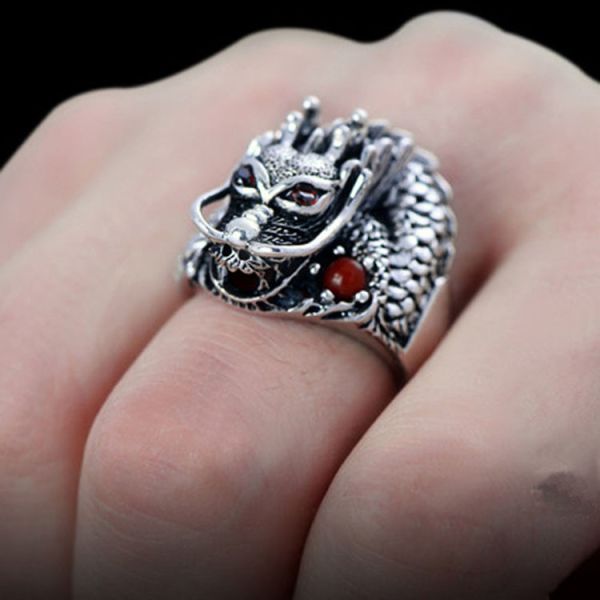 Men's Thailand Sterling Silver Dragon Ring Vintage Jewelry (R121405)