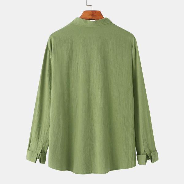 Spring Men's Linen T-Shirt Short Sleeve Solid Color Stand Collar Custom Cotton Shirt