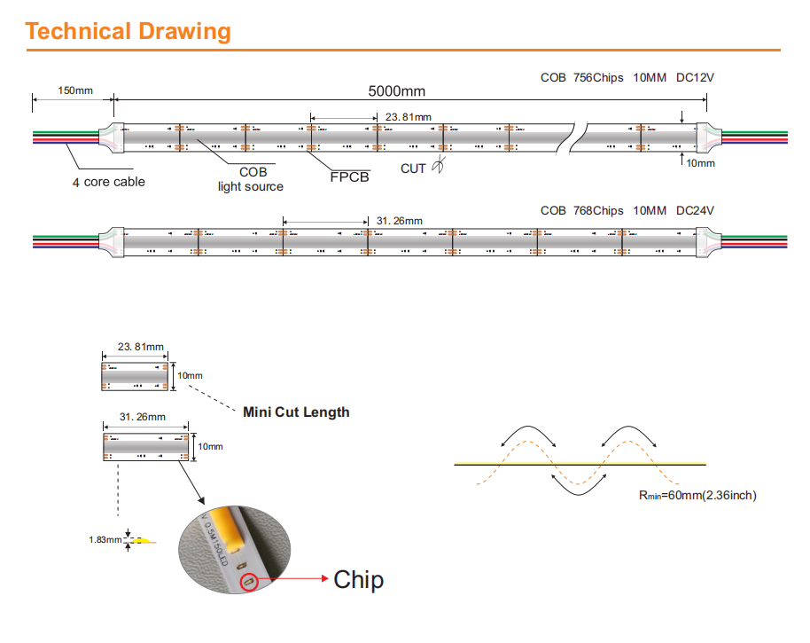 Indoor Outdoor Decoration COB LED Strip Light High CRI 280 320/480 Remote Control