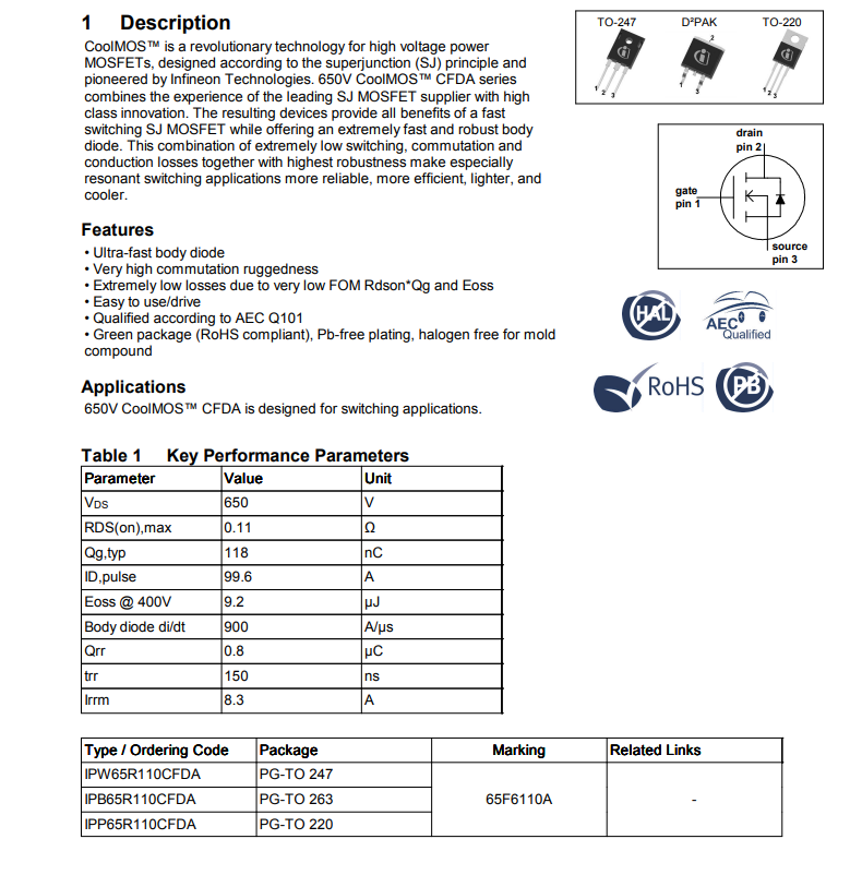 IPP65R110CFDA High Power N Channel Mosfet Logic Level N 650V 31.2A Tc 277.8W PG-TO220-3