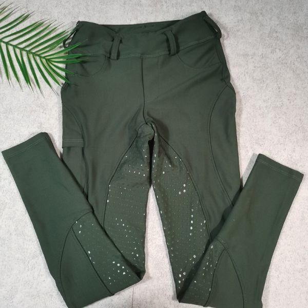 Green Printed Horse Riding Pants Nylon Full Seat Silicone Leggings With Phone Pocket