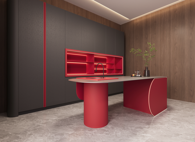 Line Shaped Stainless Steel Kitchen Cabinet With Black And Red Accent Design