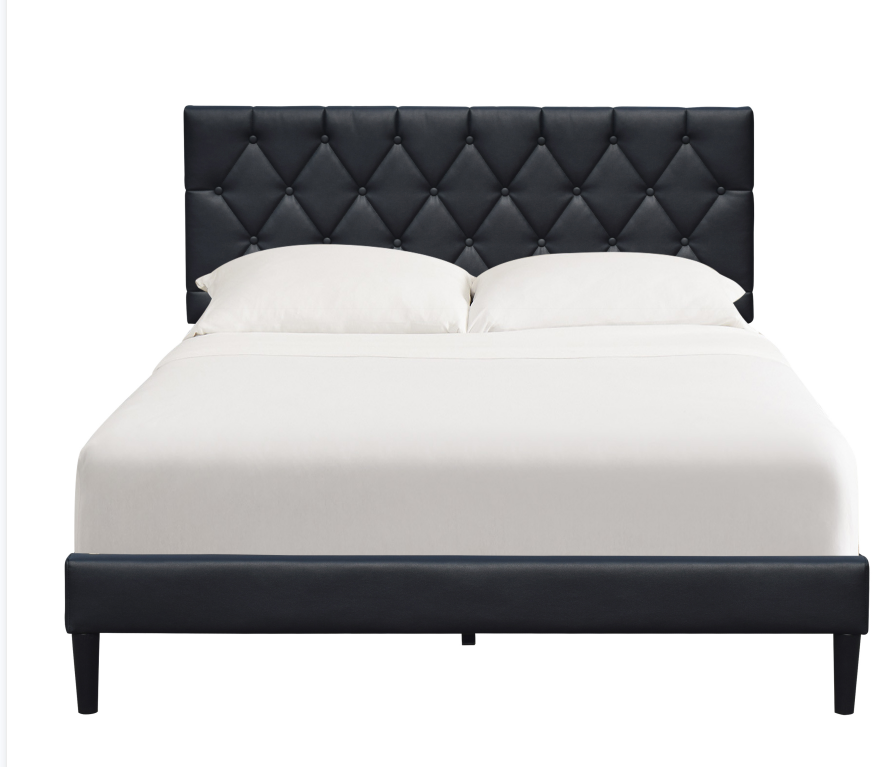 Twin Size Upholstered Bed Frame Black Leather Adjustable Headboard Tufted Buttons