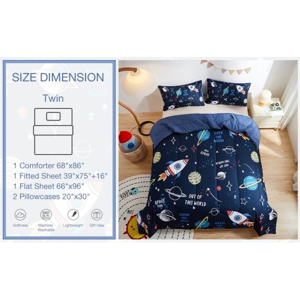 5 Piece Childrens Bedding Sets Twin Size Space Rocket Bedding Set Home Textile Products