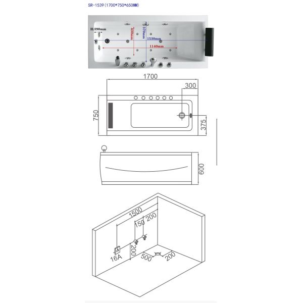 5 Foot Acrylic Air Jet Whirlpool Bathtubs 60 X 30 60 X 32 60 X 36