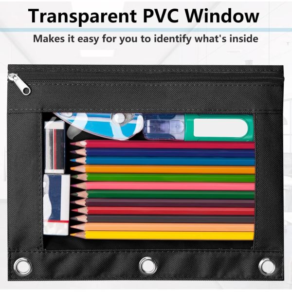 Binder Pencil Case with Smooth Zipper, Clear Window Pencil Case for Binder, Big Capacity 3 Ring Binder Pencil Bag