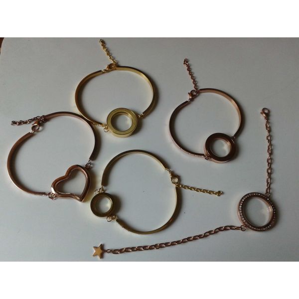 316L Stainless Steel Heart Round Shape Floating Glass Locket Bangle Bracelet Collection