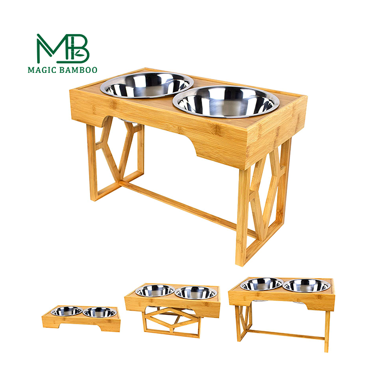 Adjustable Raised Bamboo Pet Feeder 100% Solid Bamboo Stand Dog Bowl