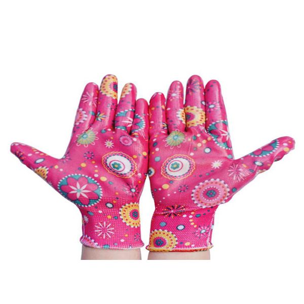 Flower Printed Floral Gardening Gloves , Nitrile Palm Coated Gloves