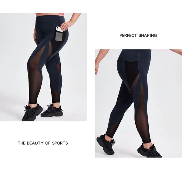 Workout Plus Size High Waisted Yoga Pants Mesh Breathable With Pockets