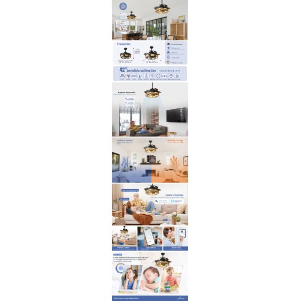 42 Inch Black Retractable Ceiling Fan With Light Remote Control