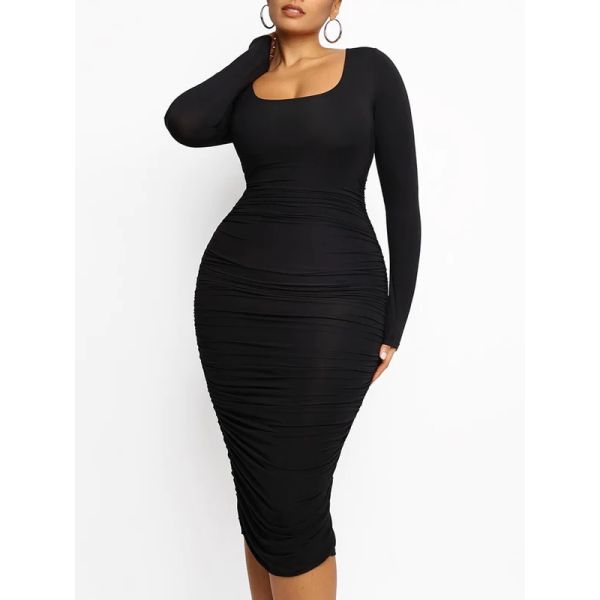 Knitted Square-Neck Long-Sleeve Bodycon Dress Sustainable Washable and No Decoration