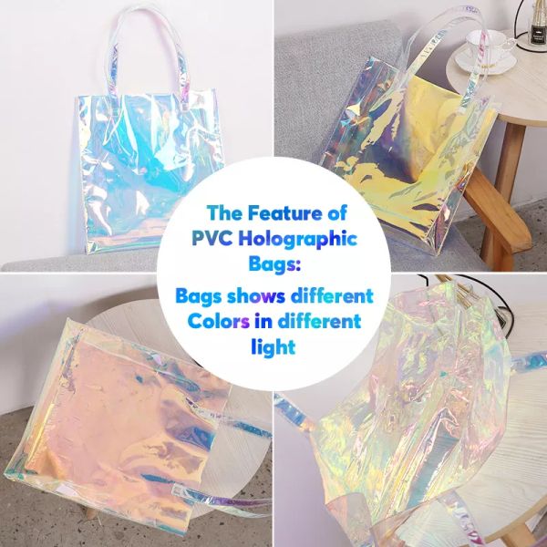 Iridescent Thickened Clear PVC Handbags With PU Leather Handle