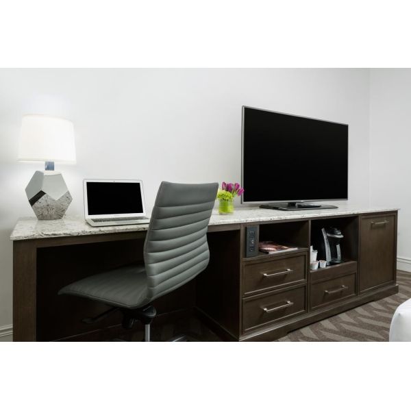 Hotel Room Standard Large Bedroom Leather Padded Headboard Bed and Big TV Cabinets with Lounge Sofa set by Black Walnut