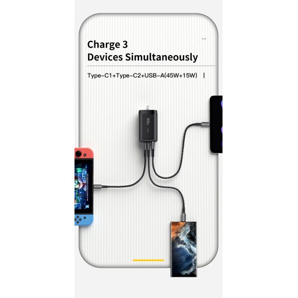 Travel GaN PD Wall Charger 65w 3 USB Port USB A Type C Fast Charging