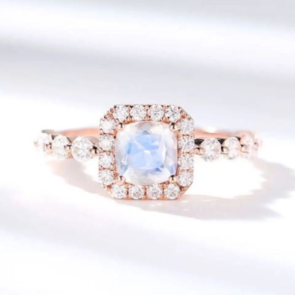925 Sterling Silver Square Moonstone Natural Stone Jewelry Cushion Cut Blue Moonstone Ring