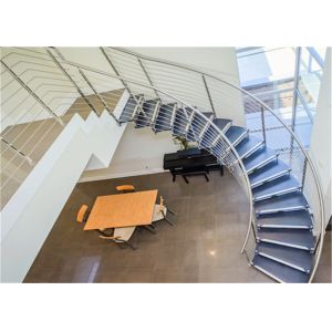 Cheap Compact Wood Tread Building Curved Stairs With Standoff Glass Railing wholesale