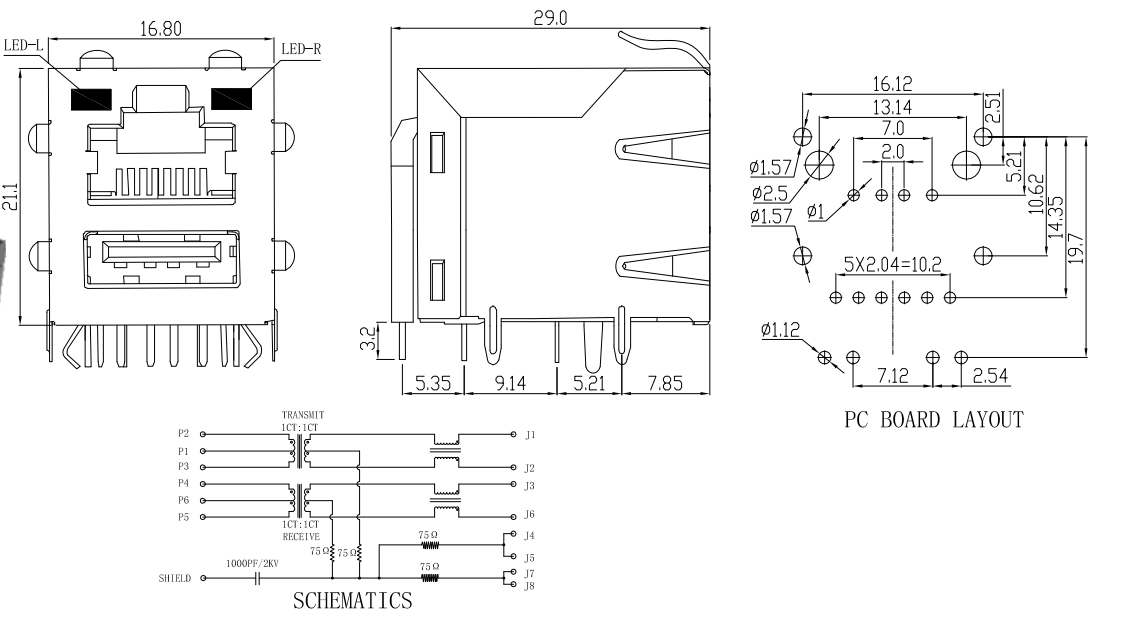 PEG Shielded RJ45 Connector Transformer Phosphor Bronze Contact Material