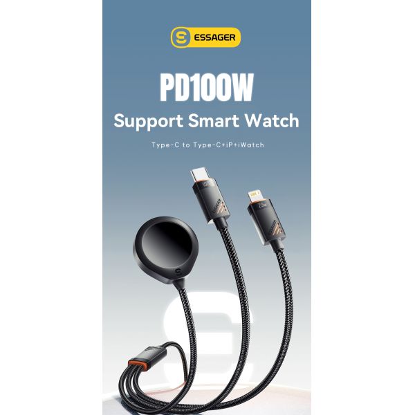 ESSAGER ES-X66 Series 100W USB C to USB C+L+Wireless Watch Charger 3 in 1 Cable