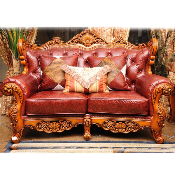 Top Grain Royal Wood Carved Baroque Sofa High Elastic Antique Leather Couch