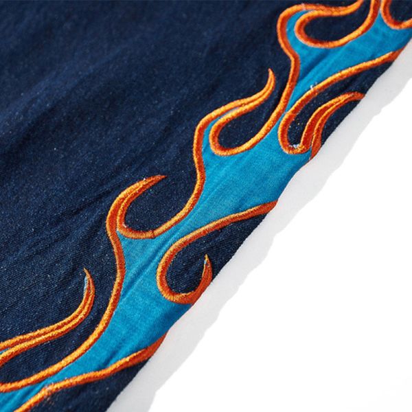 OEM Flame-Embroidered Jeans Denim Apparel Factory MOQ 100pcs Custom Label
