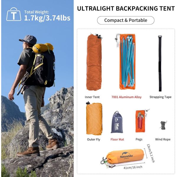 Naturehike Cloud-Up 1 Person Tent Lightweight Backpacking Tent for One Man, Waterproof Ultralight Single Person Tent, Do